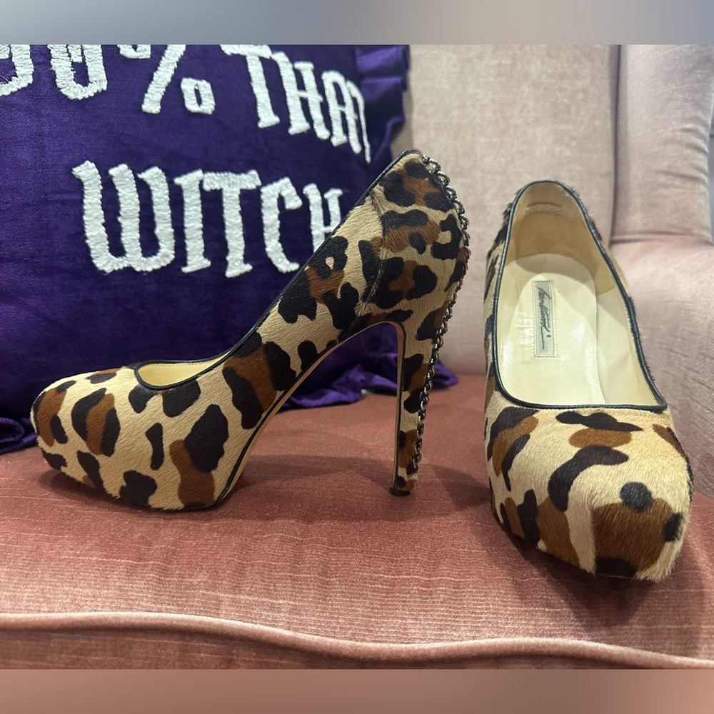 Brian Atwood Leopard Print Pony Hair Heels with Chain Detail